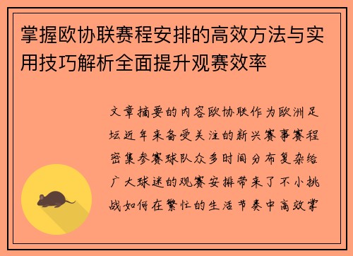 掌握欧协联赛程安排的高效方法与实用技巧解析全面提升观赛效率 掌握欧协联赛程安排的高效方法与实用技巧解析全面提升观赛效率