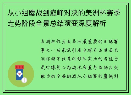 从小组鏖战到巅峰对决的美洲杯赛季走势阶段全景总结演变深度解析