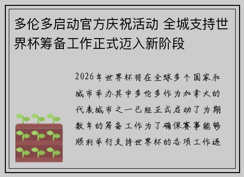 多伦多启动官方庆祝活动 全城支持世界杯筹备工作正式迈入新阶段