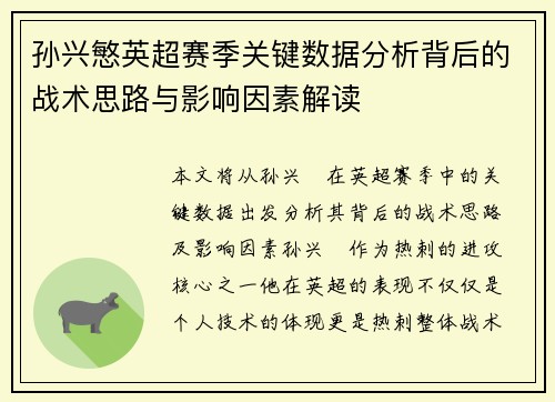 孙兴慜英超赛季关键数据分析背后的战术思路与影响因素解读